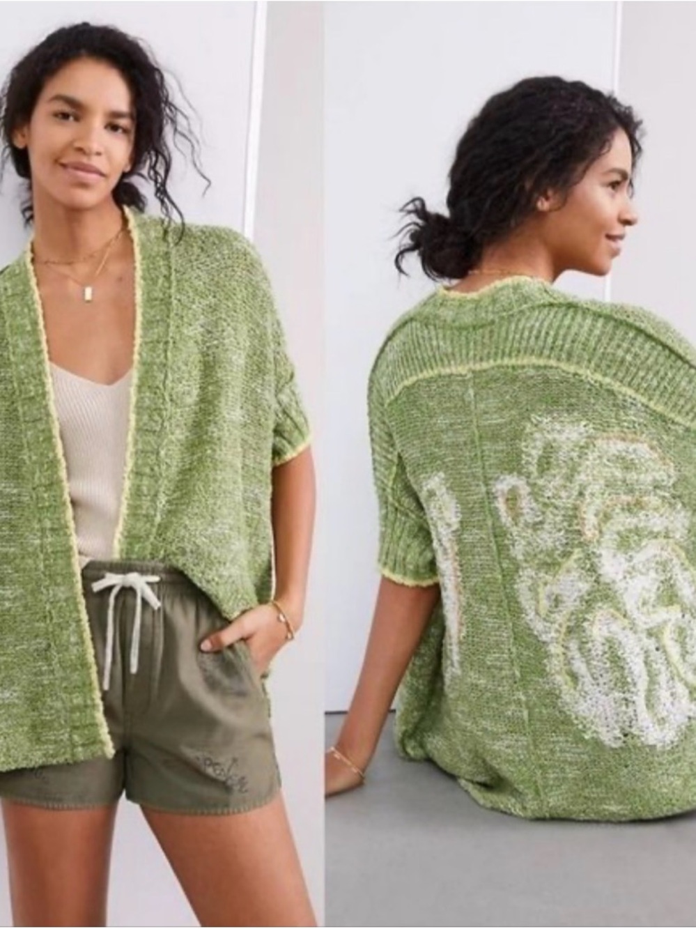 Light Green Relaxed Open-Front Knit Cardigan with Contrast Trim
